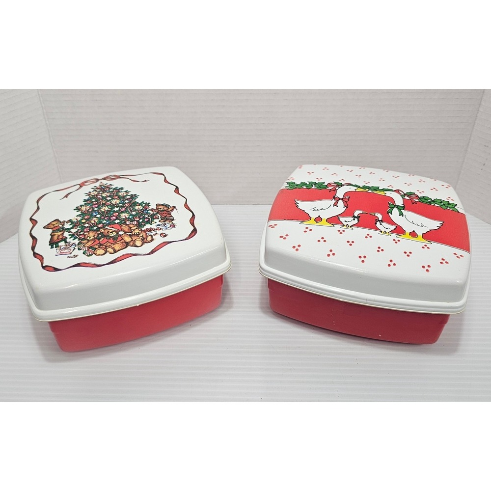 Ullman Co Geese Bear & Christmas Tree Plastic Food Containers Set Of 2 Vtg